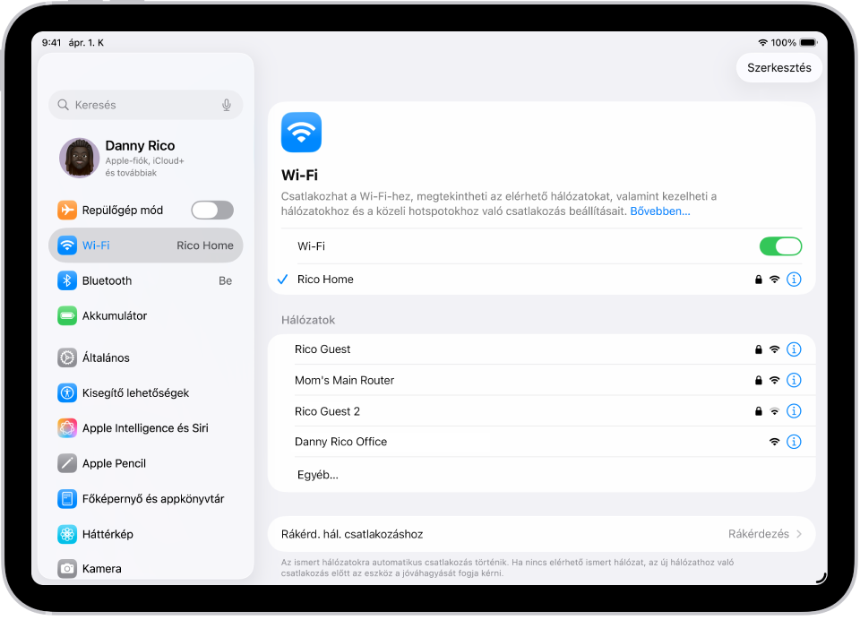 A Beállítások képernyője az elérhető Wi-Fi-hálózatokkal.