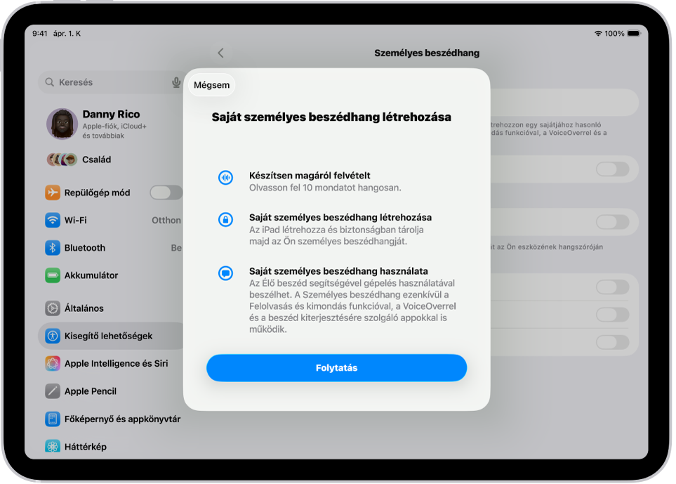 Egy iPad, amelyen információk láthatók arról, hogyan hozhat létre személyes beszédhangot.