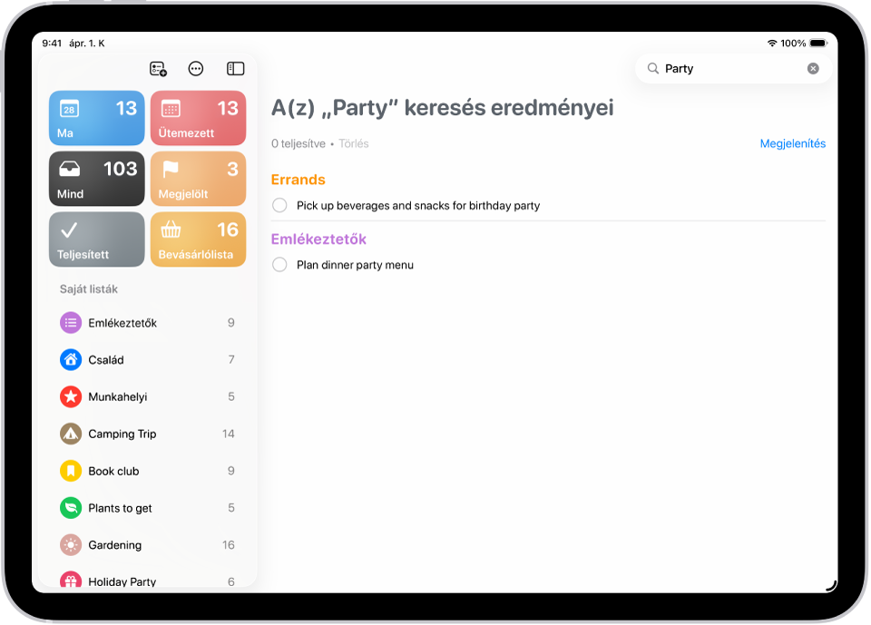Az Emlékeztetők appban megjelenő keresési találatok a „parti” szót tartalmazó feladatokat jelenítik meg.