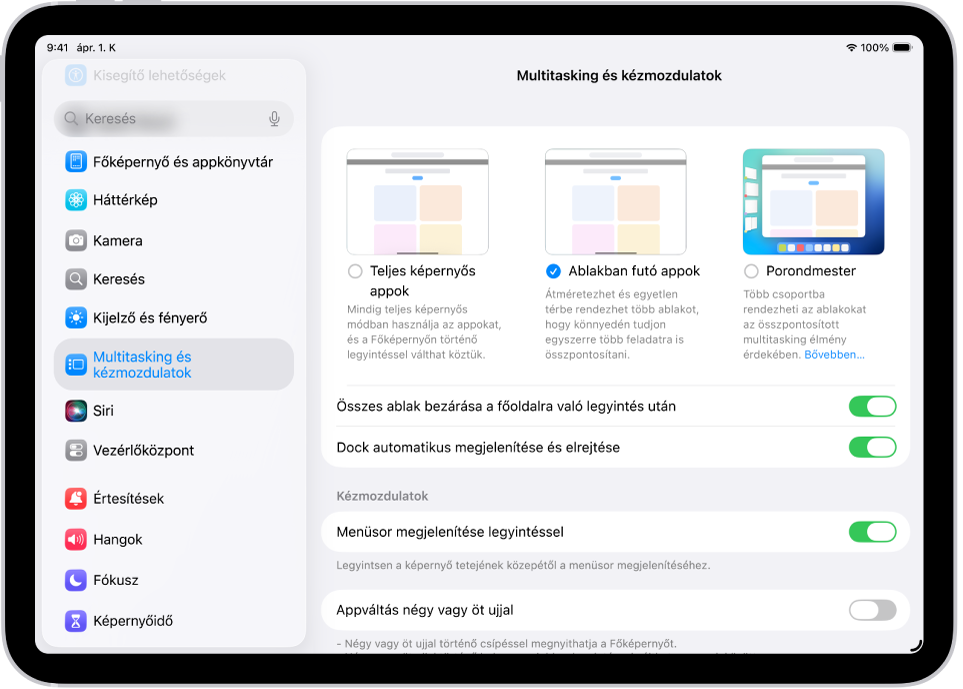 Egy iPad képernyője, amelyen a Multitasking és kézmozdulatok beállításai ablak látható.