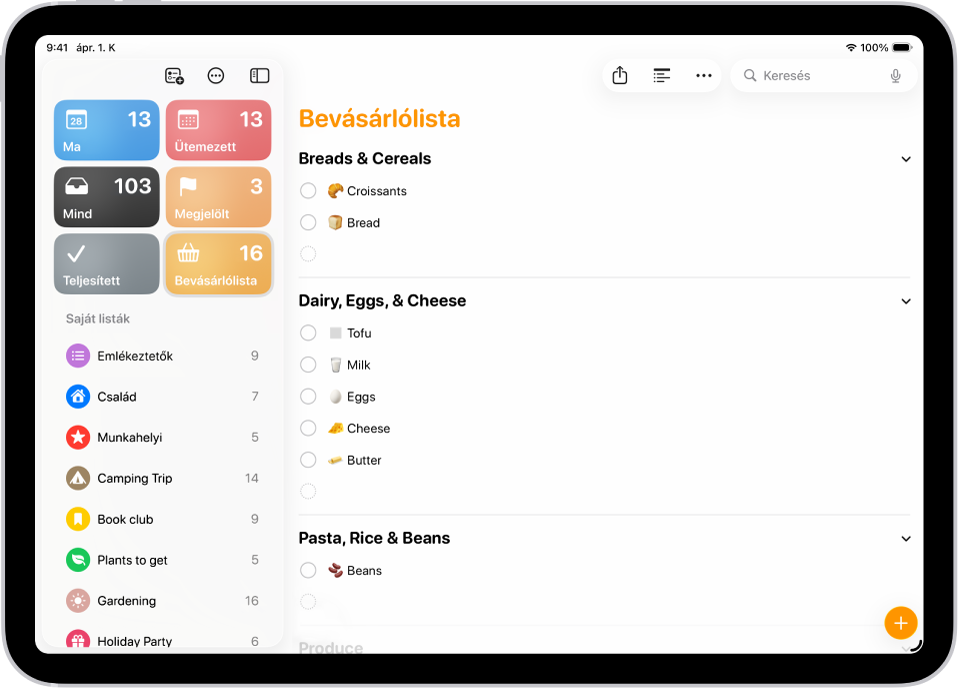 Az Emlékeztetők appban egy bevásárlólista látható amelyben a tételek olyan kategóriákba vannak rendezve, mint Zöldségek és Tengeri ételek.