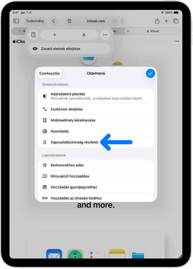 Az Oldalmenü van megnyitva a Safariban, ahol a Kapcsolatbiztonság részletei vezérlő az oldal közepén található.