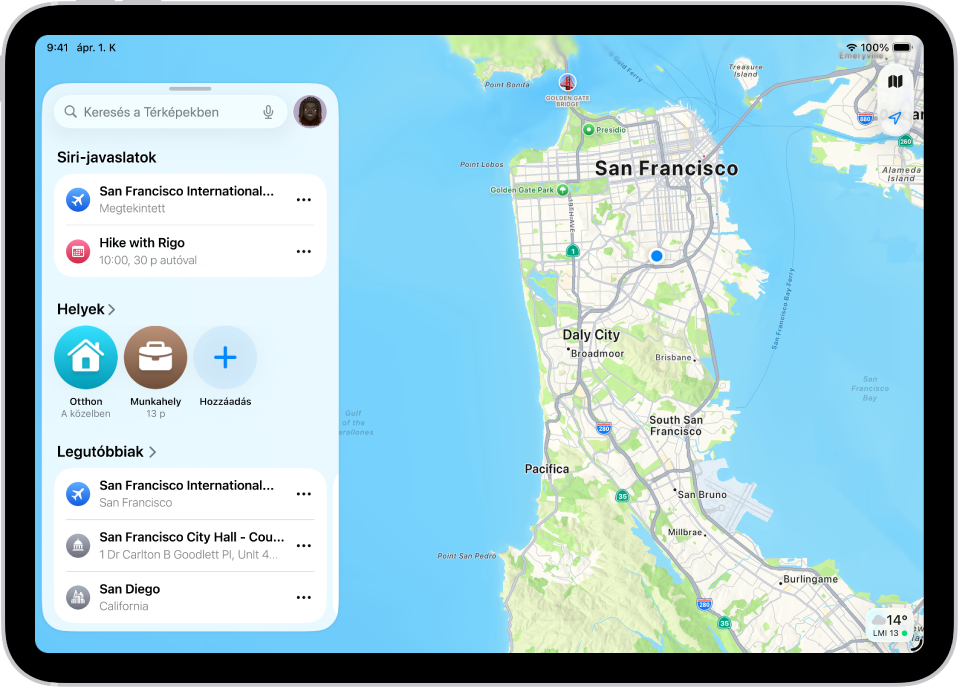 A Térképek app egy adott terület térképével. A keresőmező a bal felső részen található, alatta pedig a Siri-javaslatok, a Helyek részben lévő rögzített helyek és a legutóbbi keresések jelennek meg.
