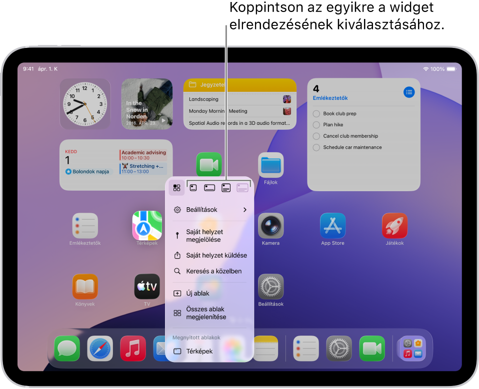 Egy Főképernyő, amelyben egy appikonból widgetet készítenek az app számára az app felugró menüje segítségével.
