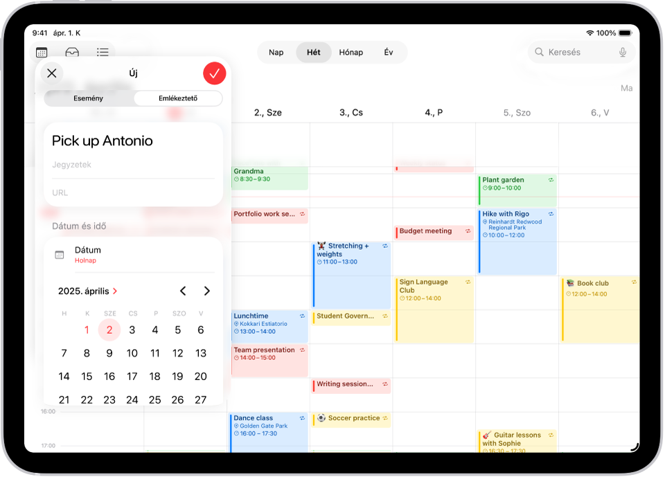 Egy naptár heti nézetben, amelyen az emlékeztetők létrehozásának ablaka látható.