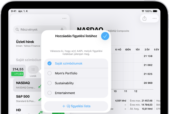 A Részvények appban az alábbi testreszabott figyelési listákat tartalmazó lista látható: Saját szimbólumok, Anya portfóliója, Fenntarthatóság és Szórakozás.