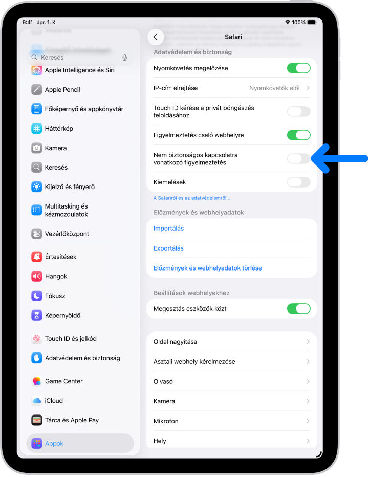 A Nem biztonságos kapcsolatra vonatkozó figyelmeztetés vezérlője, amely a Beállítások Safari képernyőjének az Adatvédelem és biztonság része alatt található.