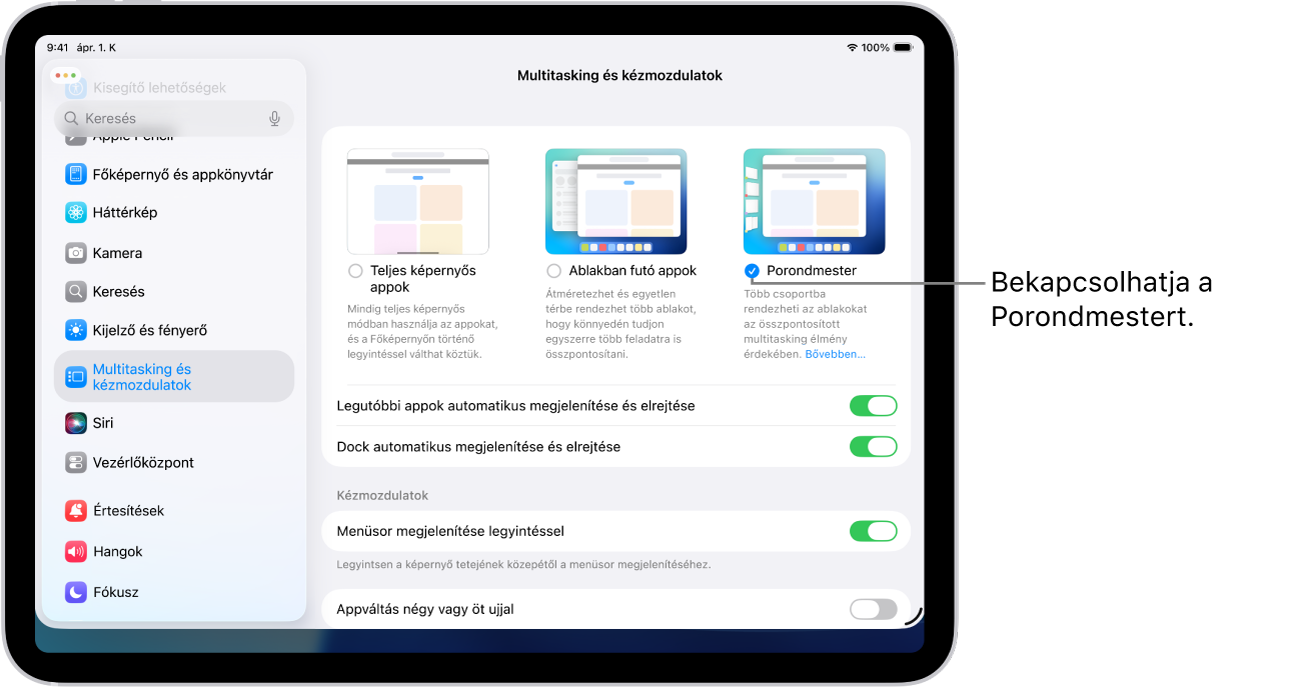 A Beállítások app egy iPaden a Multitasking és kézmozdulatok beállításaival, amelyek lehetővé teszik, hogy egyszerre több appban dolgozzon.