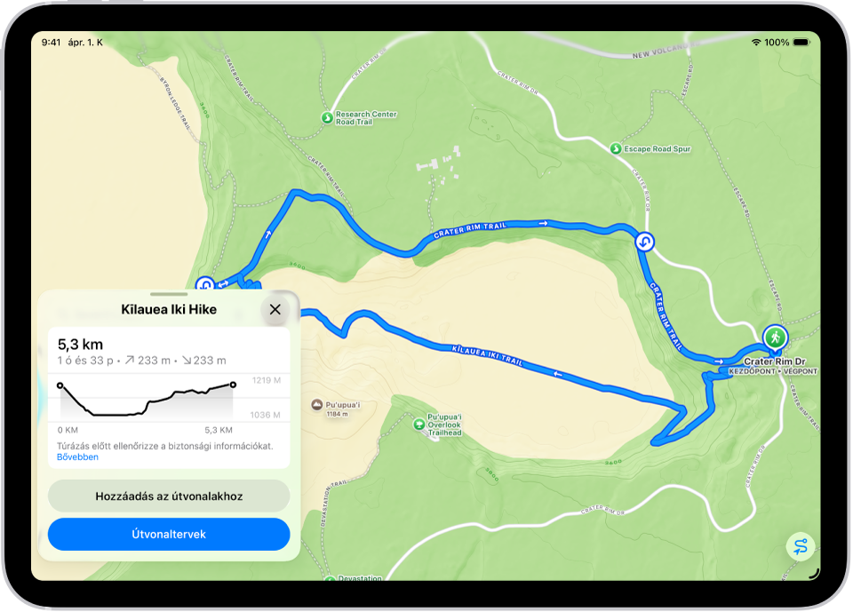 Egy letölthető túraútvonal áttekintése a távolsággal, az emelkedési profillal, a becsült időtartammal, illetve a túraútvonal kiindulási pontjához vezető útvonaltervek mentéséhez vagy megjelenítéséhez elérhető opciókkal.