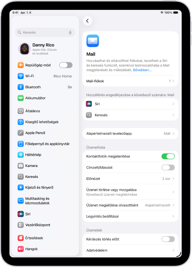 A Mail beállításait megjelenítő képernyő.