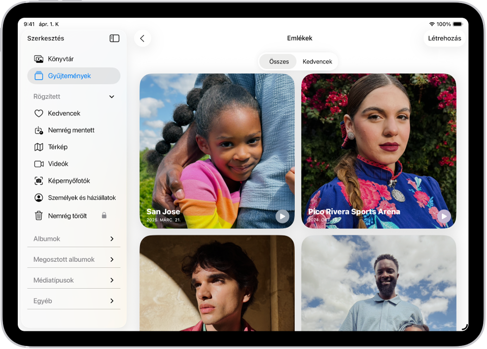 Meg van nyitva a Fotók app az Emlékek gyűjteménnyel Az Összes lap van kijelölve, alatta az emlékek listája.