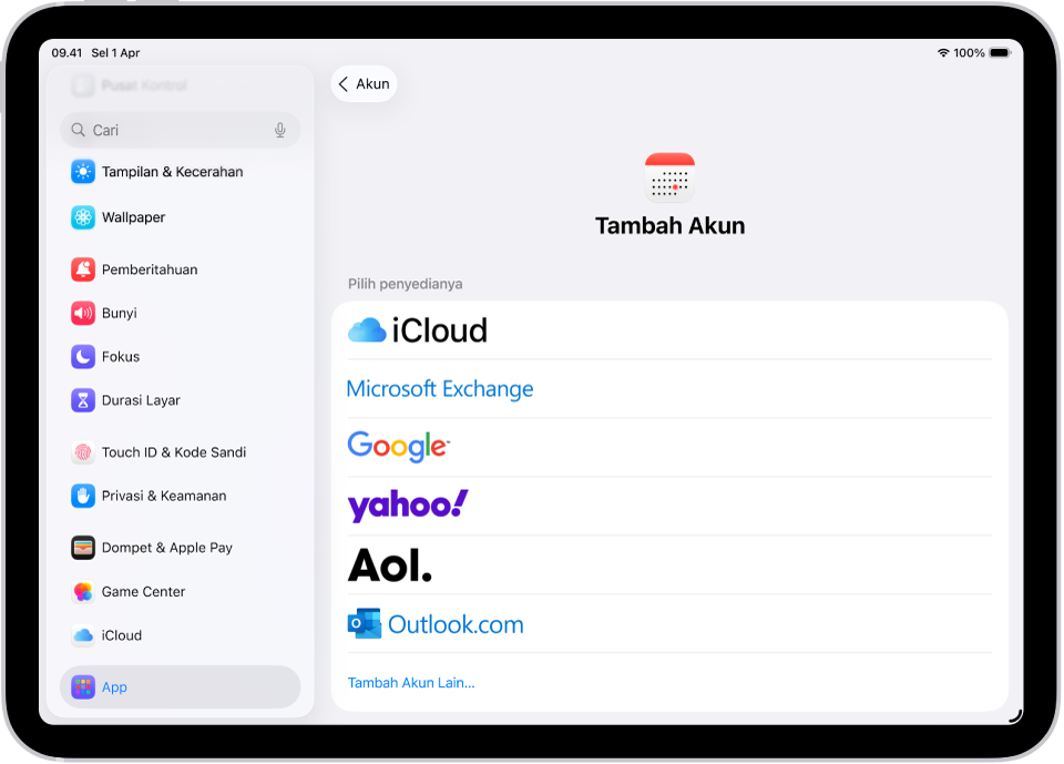 Pengaturan akun tambah kalender yang menampilkan berbagai penyedia kalender.