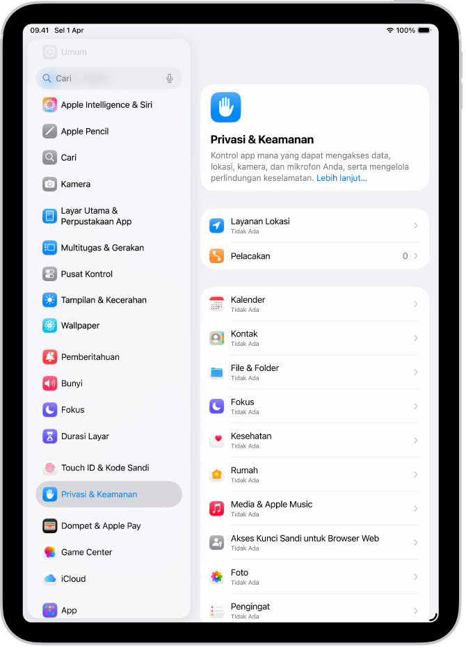 Pengaturan Layanan Lokasi di pengaturan Privasi & Keamanan, dengan pilihan untuk berbagi lokasi iPad Anda, termasuk pengaturan khusus untuk app terpisah.