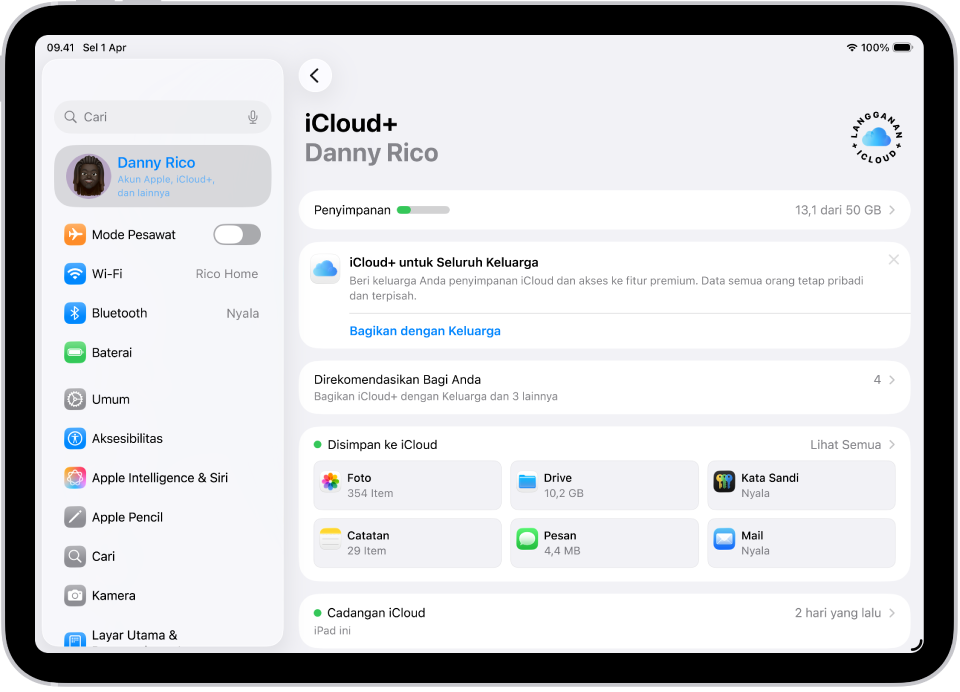 Layar pengaturan iCloud menampilkan meter penyimpanan iCloud dan daftar app dan fitur, meliputi Foto, iCloud Drive, dan iCloud Mail yang dapat digunakan dengan iCloud.