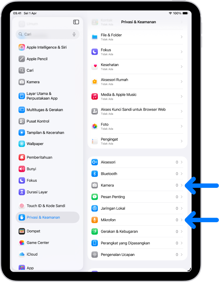 Layar Privasi & Keamanan, dengan pengaturan untuk mengontrol apakah app dapat menggunakan kamera, mikrofon, dan bagian lain dari iPad Anda.