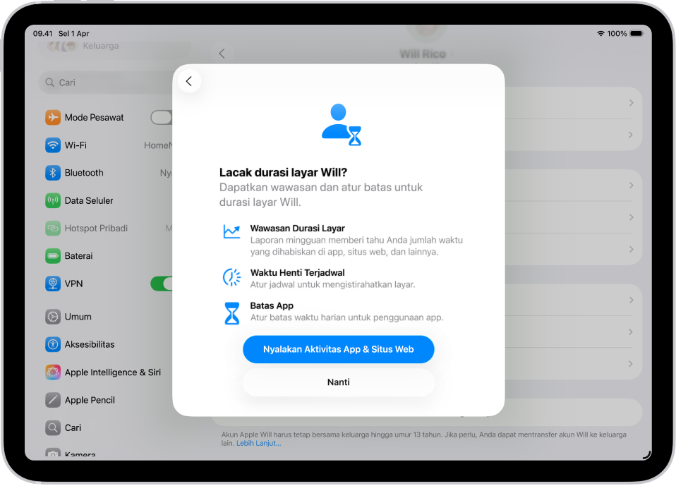 Layar Pengaturan dengan popover yang menampilkan Durasi Layar diatur.
