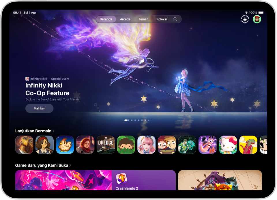 App Apple Games menampilkan tab Beranda, yang menampilkan acara spesial, game untuk terus dimainkan, dan rilisan baru.
