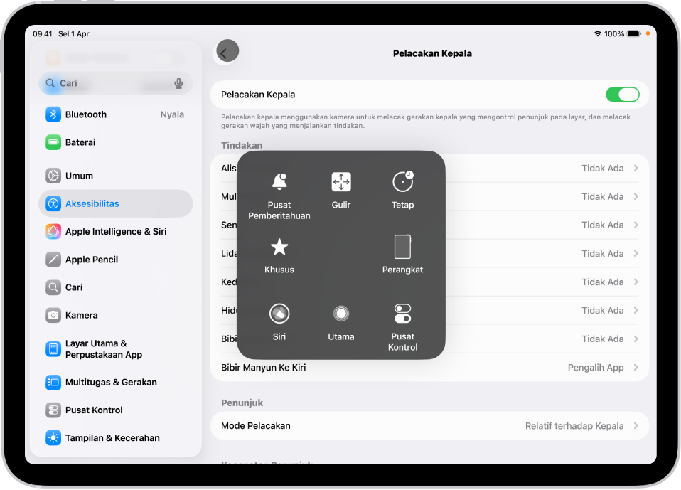 iPad dengan pelacakan kepala dinyalakan. Menu AssistiveTouch terlihat yang menampilkan kontrol untuk Pusat Pemberitahuan, Gulir, Tetap, Perangkat, Pusat Kontrol, Rumah, Siri, dan Khusus.
