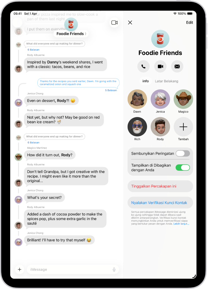 Percakapan grup di Pesan di sebelah kiri dengan detail percakapan untuk grup yang terbuka di sebelah kanan.