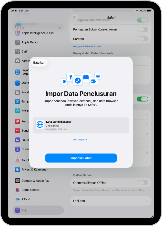 Layar Impor Data Penelusuran, yang menampilkan file CSV kata sandi dari pengelola kata sandi lain yang akan diimpor.
