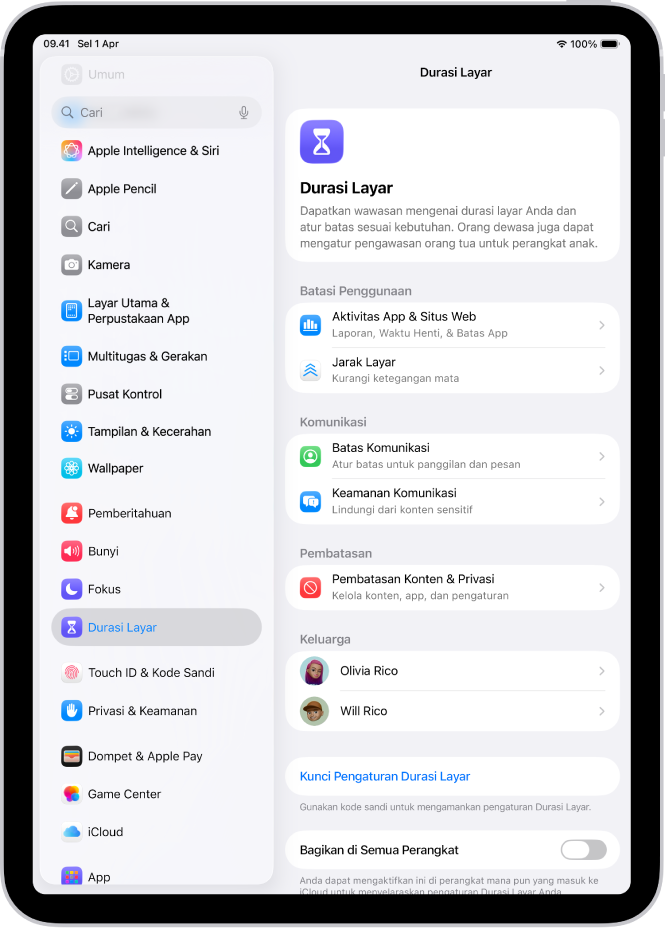 Layar untuk mengatur Durasi Layar, menunjukkan Anda mengetuk Aktivitas App & Situs Web untuk memulai.