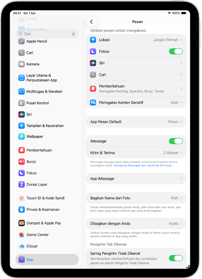 Panel pengaturan Pesan dengan iMessage dinyalakan.
