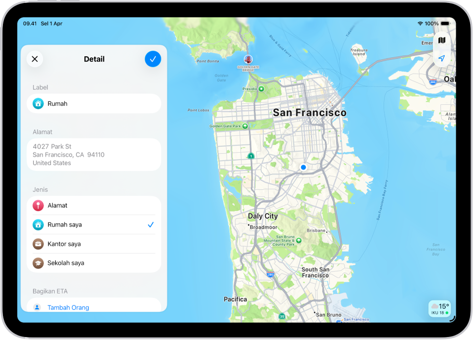 App Peta menampilkan layar Detail dengan pilihan untuk mengatur alat sebagai rumah, kantor, atau sekolah.