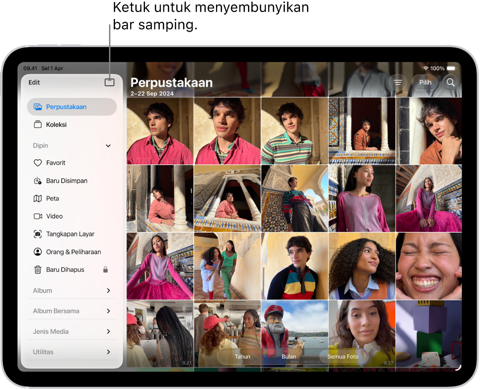 App Foto dibuka dan tab Perpustakaan dipilih di bar samping.