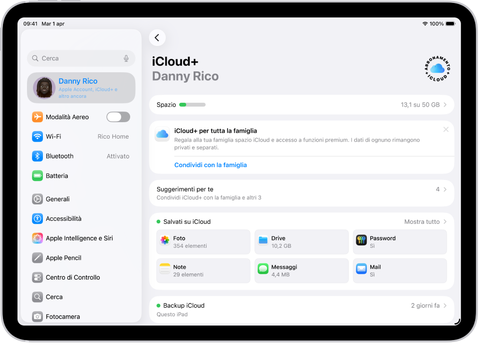 La schermata delle impostazioni di iCloud che mostra la barra dello spazio di archiviazione disponibile e un elenco di app e funzioni, tra cui Foto, iCloud Drive e Mail di iCloud, che possono essere utilizzati con iCloud.