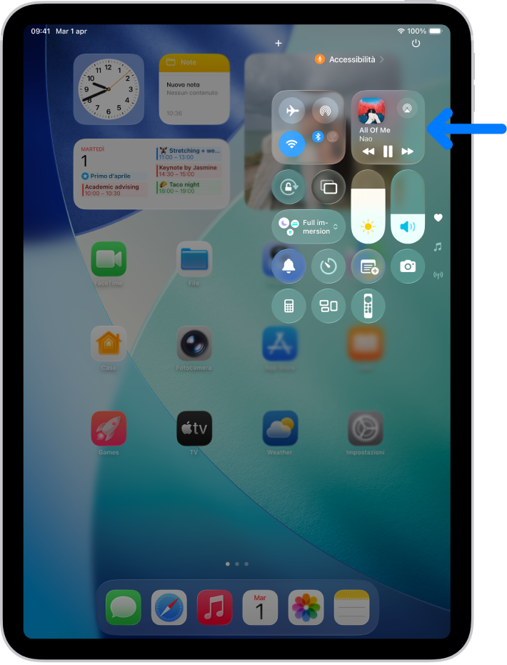 Sul Centro di Controllo di iPad è presente una freccia che indica la scheda audio da cui è possibile controllare la musica dalla schermata di blocco o quando viene utilizzata un’altra app.