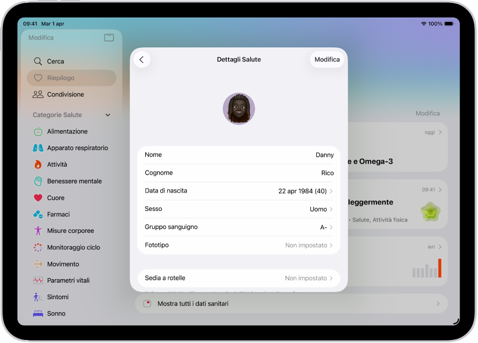La schermata “Dettagli Salute” che comprende i campi Nome, “Data di nascita”, “Gruppo sanguigno” e altre informazioni.