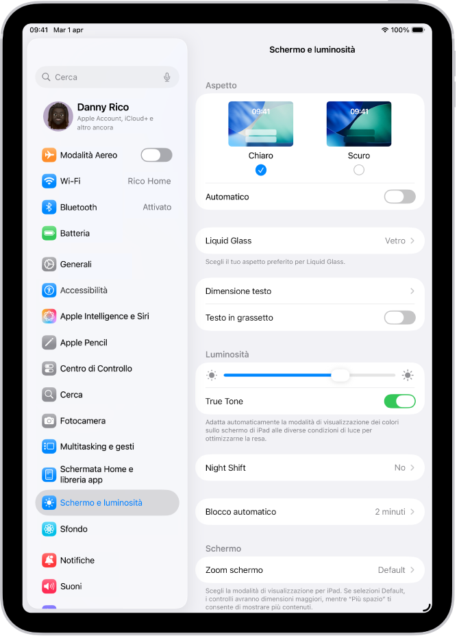 La schermata “Schermo e luminosità” in Impostazioni.