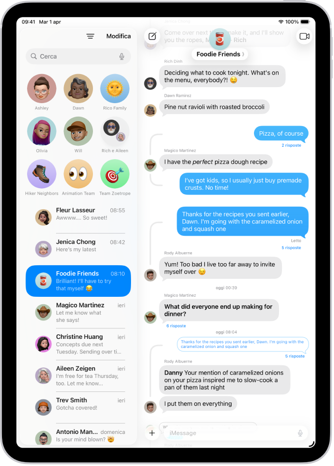 Una conversazione di gruppo in Messaggi.