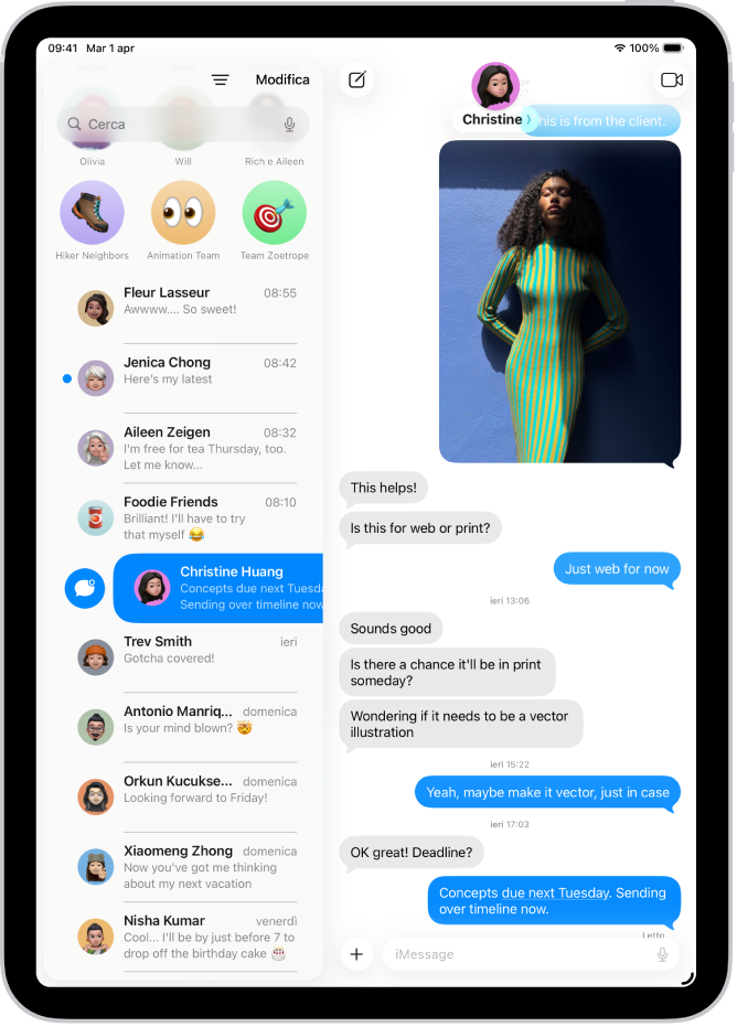 Un elenco di conversazioni di Messaggi con un messaggio non letto e un altro contrassegnato come non letto.