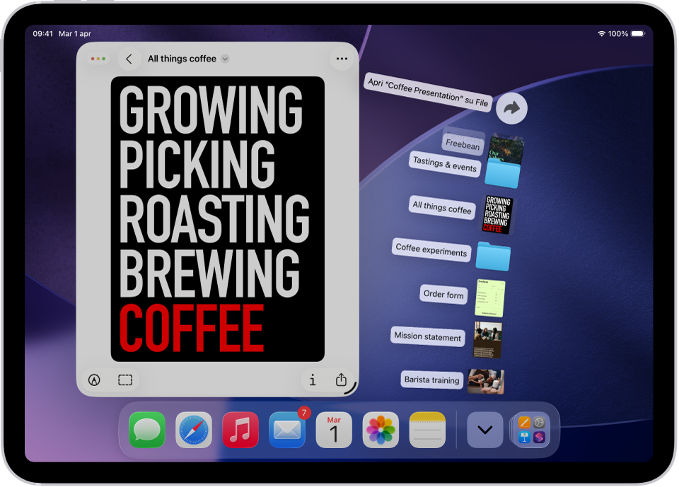 La schermata Home di iPad con diversi file che possono essere aperti dal Dock.