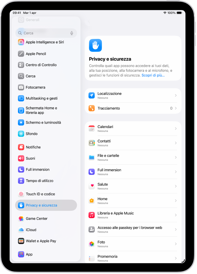 La schermata “Privacy e sicurezza” con le impostazioni per Localizzazione e Tracciamento, oltre alle opzioni per controllare le app che hanno accesso ai tuoi dati.