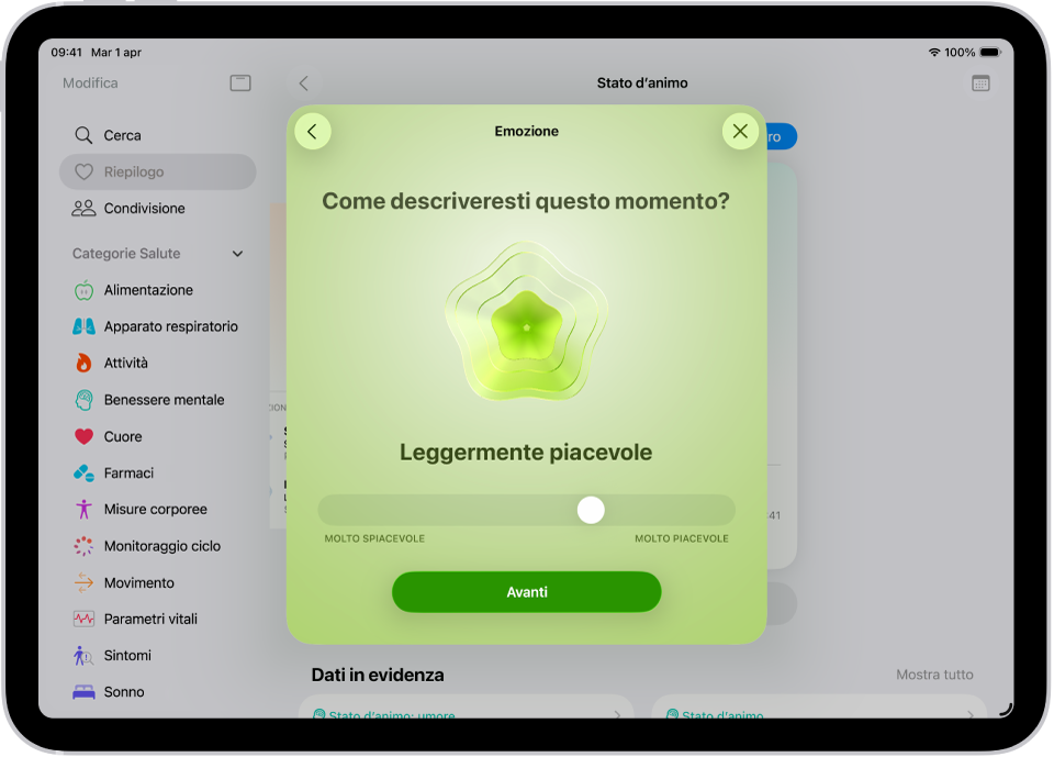 Una schermata nell’app Salute che identifica l’umore attuale come “Leggermente piacevole”. Nella parte inferiore dello schermo è presente un cursore per regolare il livello dell’emozione.