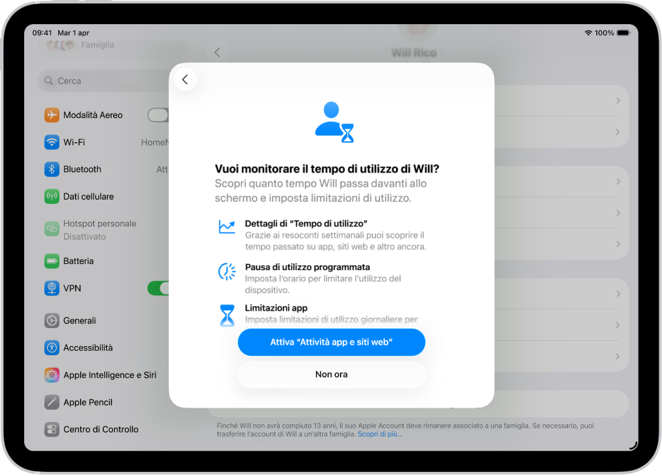La schermata di Impostazioni con una finestra pop-up che mostra la configurazione di “Tempo di utilizzo”.