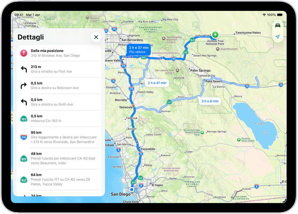 Una mappa che mostra tre itinerari e un elenco dettagliato dei passaggi per raggiungere una destinazione in modo più rapido.