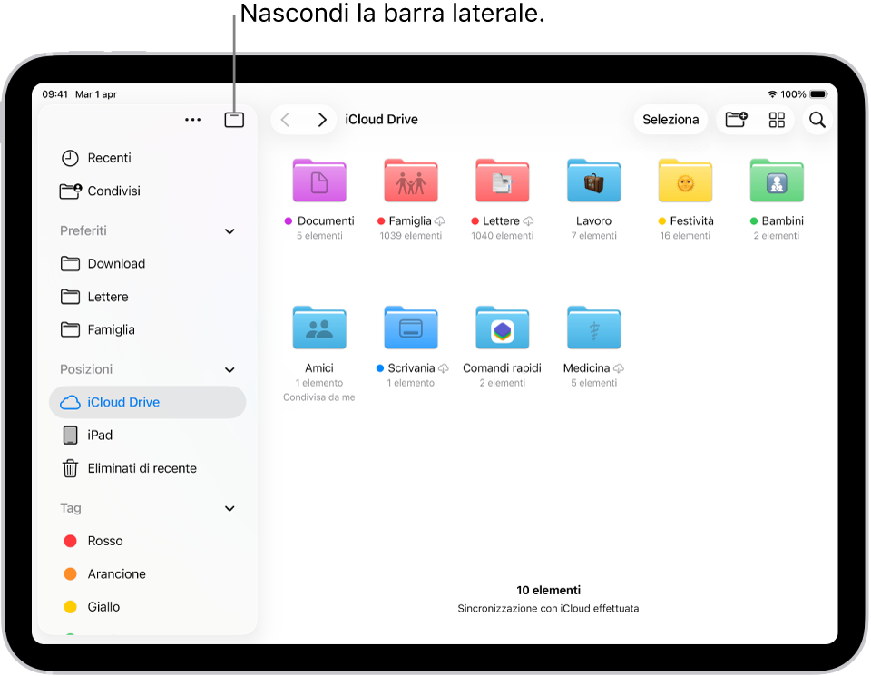 L’app File che mostra i file e le cartelle su iCloud Drive. Nella parte superiore della schermata sono presenti i pulsanti per selezionare elementi, creare una nuova cartella, modificare la vista (con le opzioni Elenco, Icone e Colonne) e cercare.