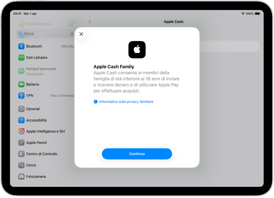 La schermata di Impostazioni, con la finestra di dialogo per la configurazione di Apple Cash Family al centro dello schermo.