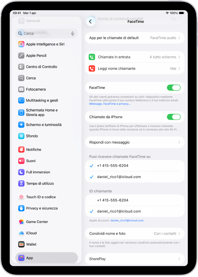 La schermata delle impostazioni di FaceTime, che mostra il controllo per attivare o disattivare FaceTime e il numero di telefono e l’indirizzo email dove è possibile raggiungerti.