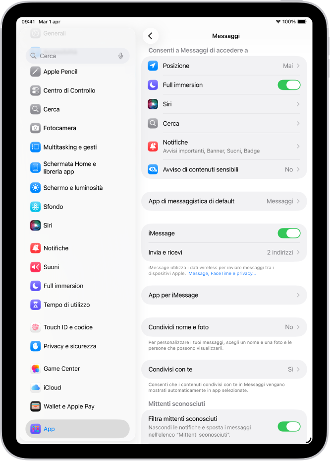Il pannello Impostazioni di Messaggi, con iMessage attivo.