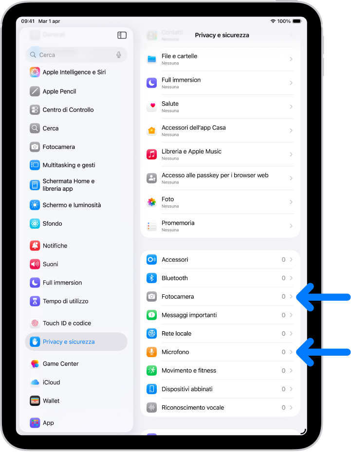 La schermata “Privacy e sicurezza” con le impostazioni per controllare se le app possono utilizzare la fotocamera, il microfono e altre parti di iPad.