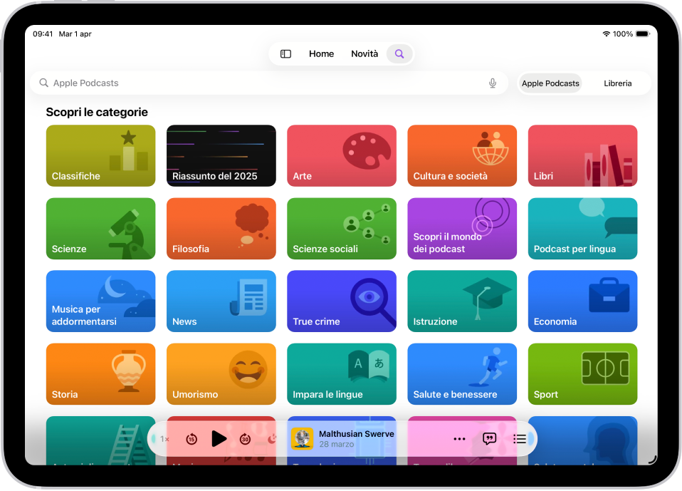 La schermata di ricerca nell’app Podcast, che mostra le varie categorie di podcast. Nella parte inferiore dello schermo sono presenti i pulsanti Riavvolgi, Pausa, “Vai avanti” e “Timer pausa”, l’illustrazione del podcast, il titolo della puntata, il pulsante Altro e il pulsante “Visualizza la trascrizione”.
