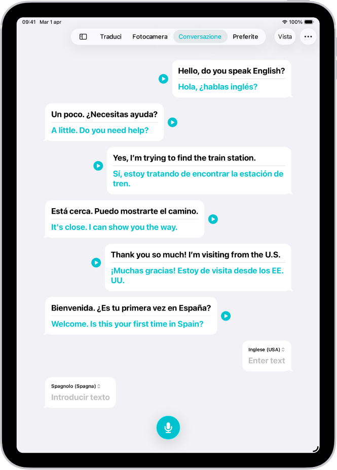 Il pannello Conversazione, con nuvolette di testo e traduzioni.