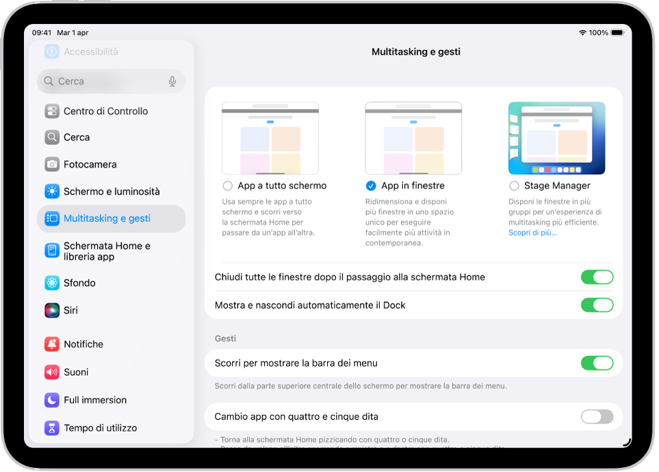Una finestra di iPad che mostra le impostazioni “Multitasking e gesti”.