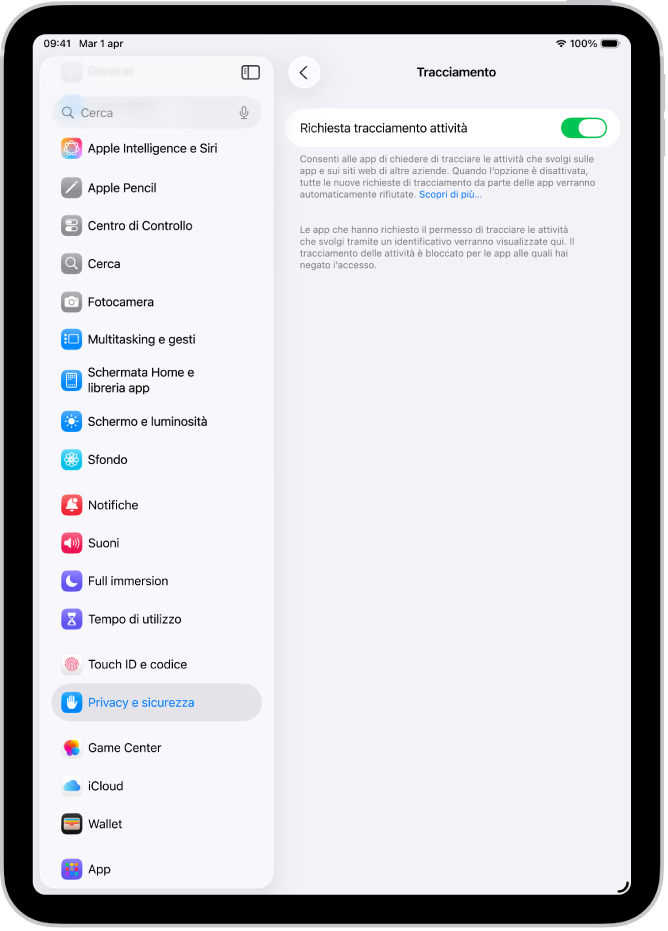 La schermata Tracciamento, con un’impostazione per controllare se le app possono chiederti di tracciare le attività che svolgi su siti web o app di terze parti.