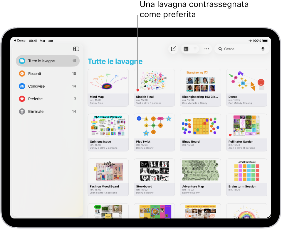 Freeform è aperto su iPad. L’opzione “Tutte le lavagne” è selezionata nella barra laterale e a destra sono presenti le relative miniature.
