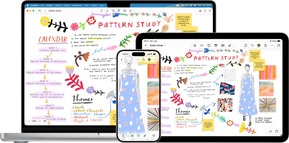 Un Mac, iPad e iPhone con la stessa lavagna di Freeform aperta.